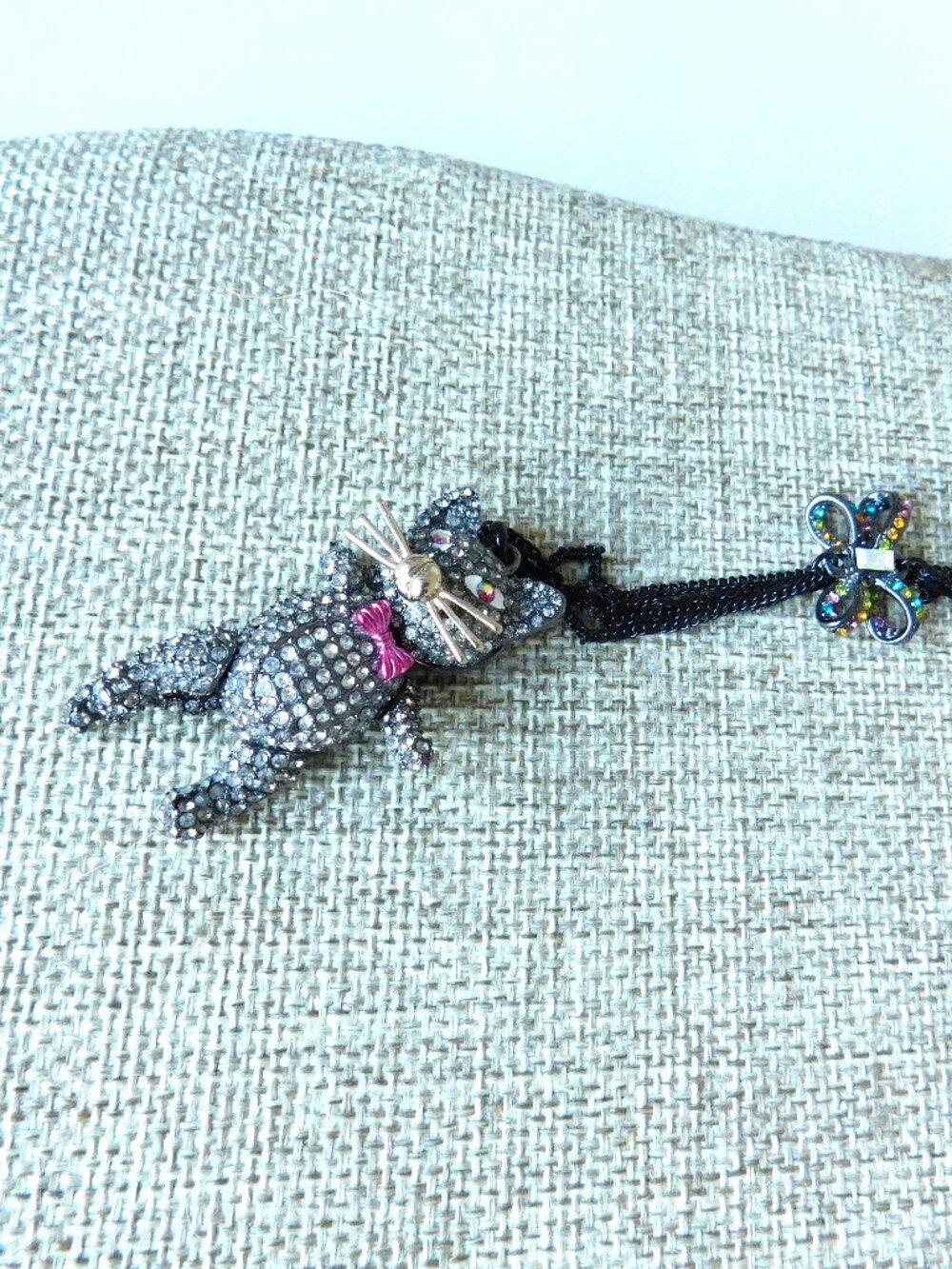 Betsey Johnson All Hallows Articulated Black Kitty Cat Rhinestones Bow Necklace - Picture 5 of 8